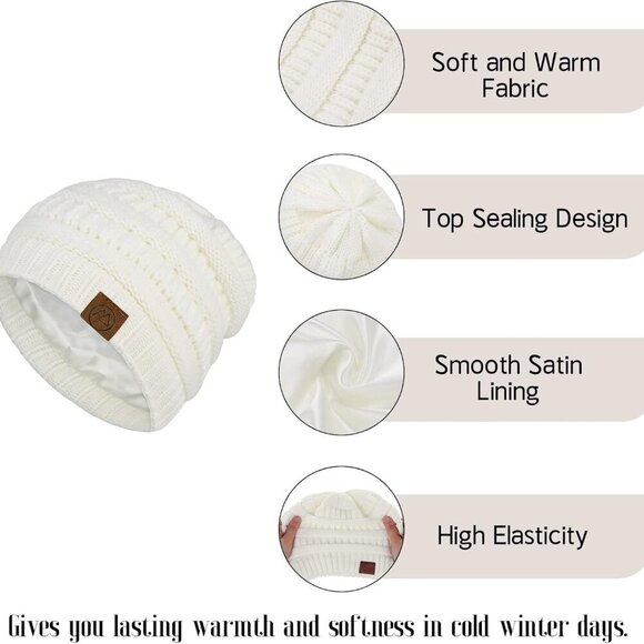 Women Satin Lined Winter Beanie Hats Cozy Slouchy Knit Cuffed Gift - Picture 3 of 7
